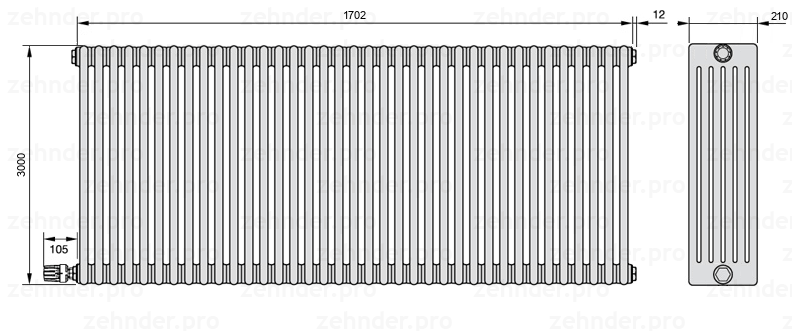 Схема (чертеж) Радиатор Zehnder Charleston 6300/37 №V003 Белый глянцевый RAL 9016